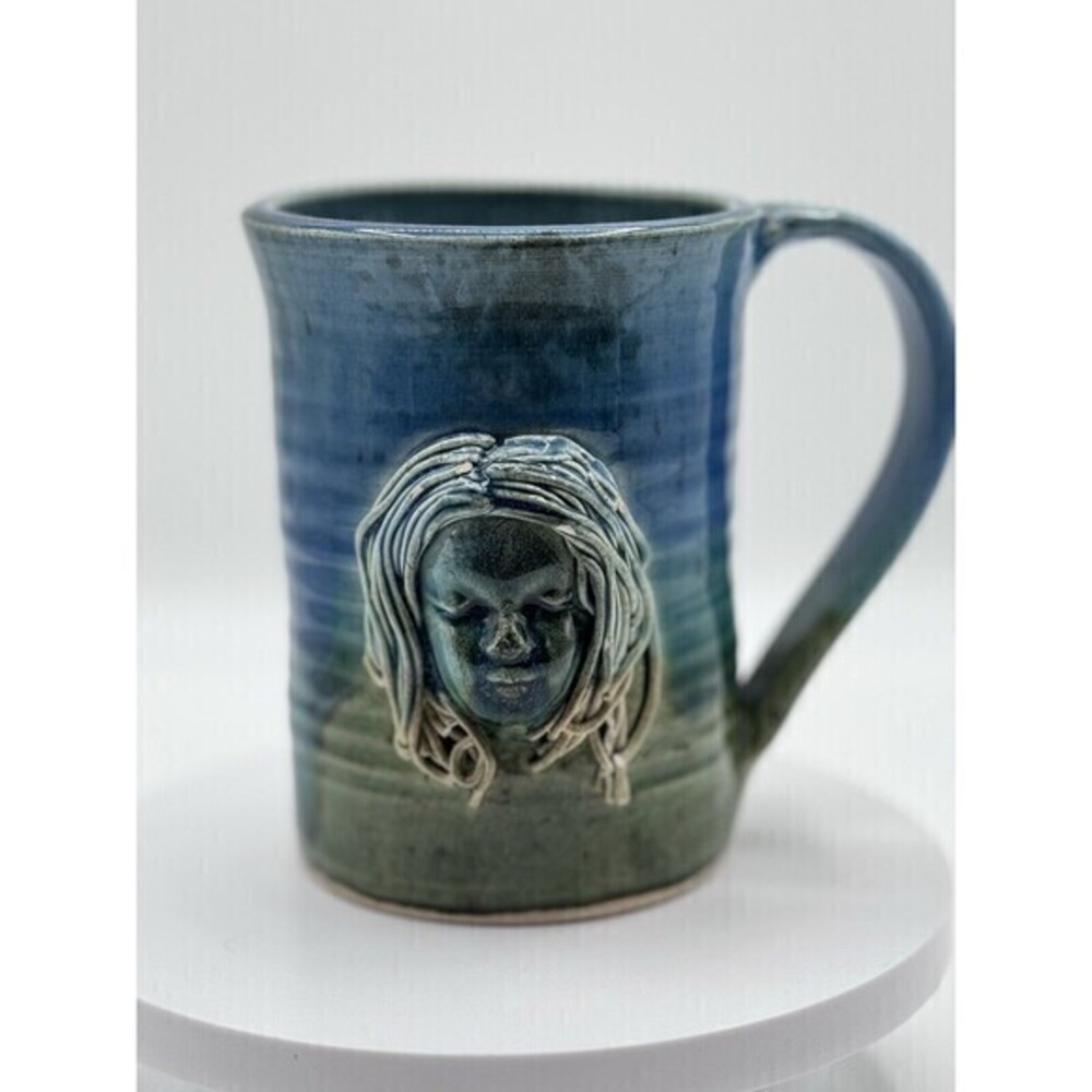 Handmade Studio Pottery Mug Sculpted Face Design Signed FC